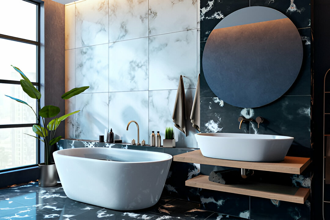 modern walk-in shower with marble-effect wall tiles